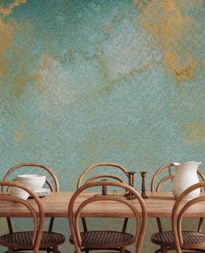 mural abstracto personalizado azul y dorado llamado Ethereal Mist de Bilge Paksoylu