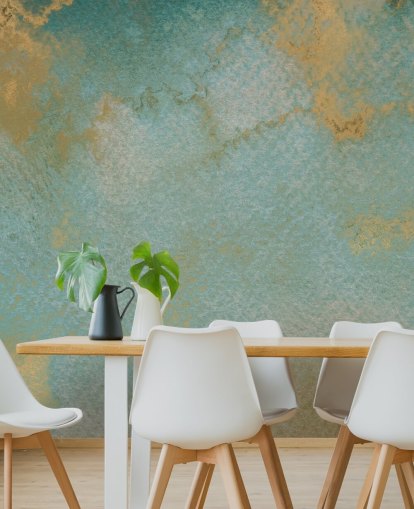 mural abstracto personalizado azul y dorado llamado Ethereal Mist de Bilge Paksoylu