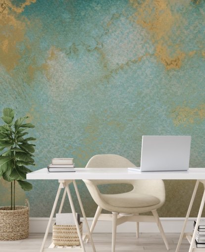 maßgeschneidertes abstraktes Wandbild in Blau und Gold namens Ethereal Mist von Bilge Paksoylu maßgeschneidertes abstraktes Wandbild in Blau und Gold namens Ethereal Mist von Bilge Paksoylu
