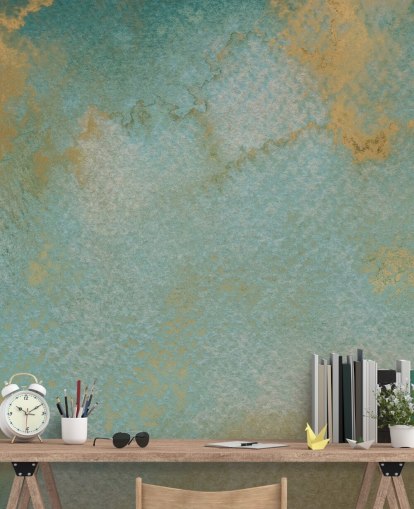 murale astratto personalizzato blu e oro chiamato Ethereal Mist di Bilge Paksoylu