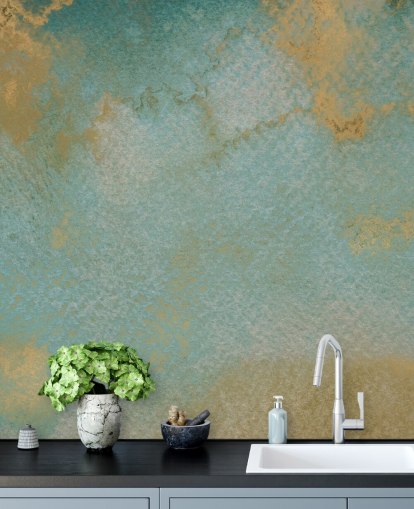 blue and gold custom abstract mural called Ethereal Mist by Bilge Paksoylu
