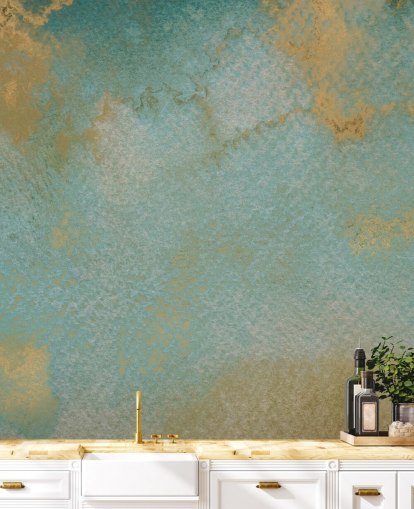 mural abstrato personalizado azul e dourado chamado Ethereal Mist de Bilge Paksoylu