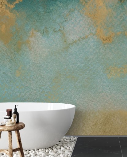 blue and gold custom abstract mural called Ethereal Mist by Bilge Paksoylu