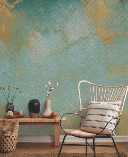 peinture murale abstraite personnalisée bleue et dorée appelée Ethereal Mist par Bilge Paksoylu peinture murale abstraite personnalisée bleue et dorée appelée Ethereal Mist par Bilge Paksoylu