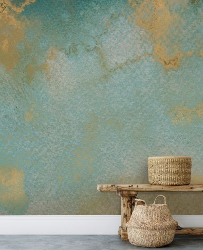 mural abstrato personalizado azul e dourado chamado Ethereal Mist de Bilge Paksoylu mural abstrato personalizado azul e dourado chamado Ethereal Mist de Bilge Paksoylu