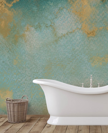 mural abstrato personalizado azul e dourado chamado Ethereal Mist de Bilge Paksoylu