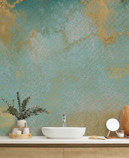 blue and gold custom abstract mural called Ethereal Mist by Bilge Paksoylu blue and gold custom abstract mural called Ethereal Mist by Bilge Paksoylu