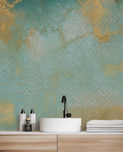 mural abstrato personalizado azul e dourado chamado Ethereal Mist de Bilge Paksoylu