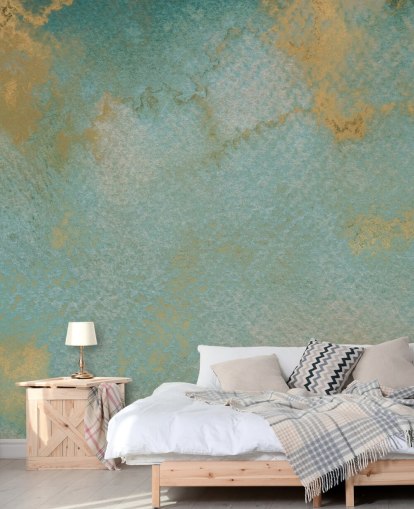 maßgeschneidertes abstraktes Wandbild in Blau und Gold namens Ethereal Mist von Bilge Paksoylu maßgeschneidertes abstraktes Wandbild in Blau und Gold namens Ethereal Mist von Bilge Paksoylu