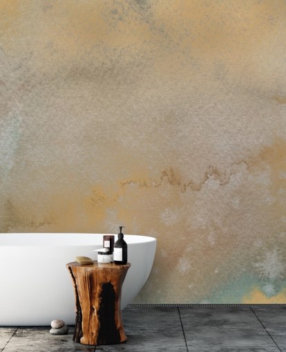 personalisierbares abstraktes Wandbild in Gold und Grau namens Golden Horizon Mist von Bilge Paksoylu