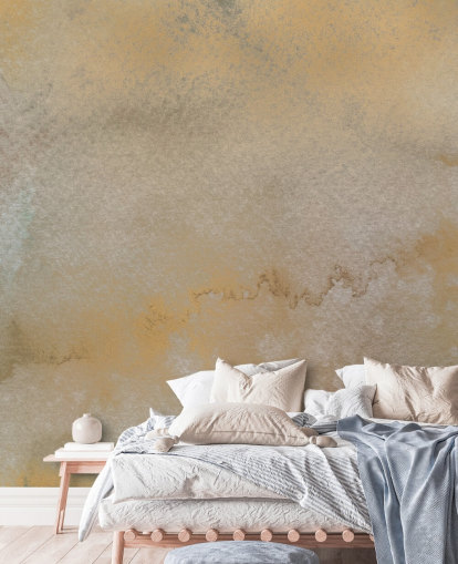 peinture murale abstraite personnalisable dorée et grise appelée Golden Horizon Mist par Bilge Paksoylu peinture murale abstraite personnalisable dorée et grise appelée Golden Horizon Mist par Bilge Paksoylu