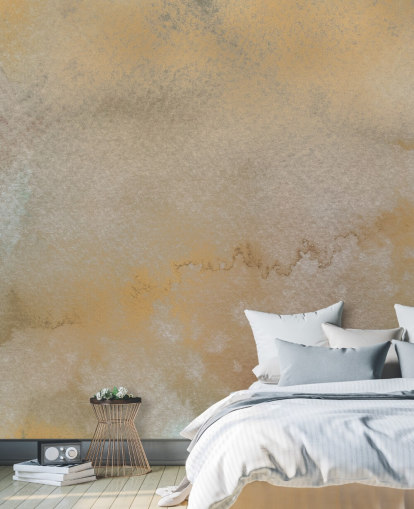 mural abstracto personalizable dorado y gris llamado Golden Horizon Mist de Bilge Paksoylu