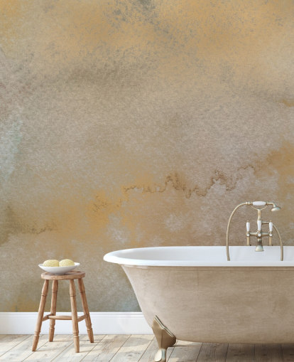 personalisierbares abstraktes Wandbild in Gold und Grau namens Golden Horizon Mist von Bilge Paksoylu