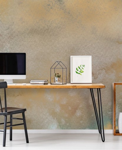 mural abstrato personalizável em ouro e cinza chamado Golden Horizon Mist de Bilge Paksoylu