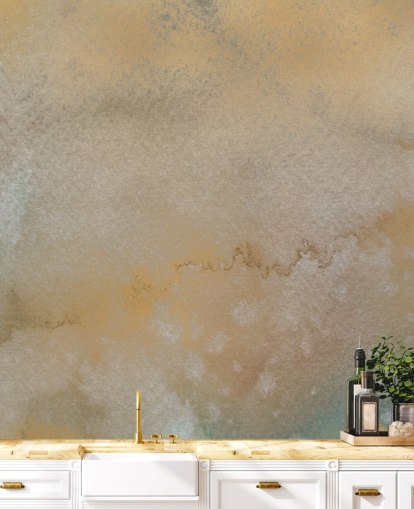 mural abstrato personalizável em ouro e cinza chamado Golden Horizon Mist de Bilge Paksoylu