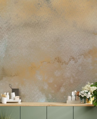 mural abstrato personalizável em ouro e cinza chamado Golden Horizon Mist de Bilge Paksoylu