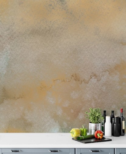 gull og grått tilpassbart abstrakt veggmaleri kalt Golden Horizon Mist av Bilge Paksoylu