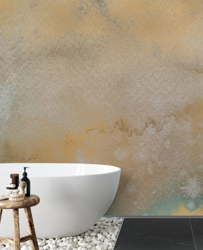 mural abstrato personalizável em ouro e cinza chamado Golden Horizon Mist de Bilge Paksoylu