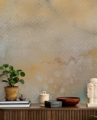 personalisierbares abstraktes Wandbild in Gold und Grau namens Golden Horizon Mist von Bilge Paksoylu