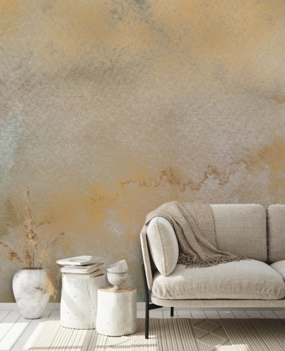 mural abstracto personalizable dorado y gris llamado Golden Horizon Mist de Bilge Paksoylu