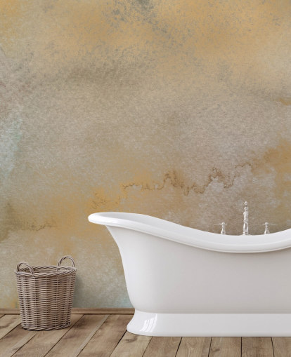 personalisierbares abstraktes Wandbild in Gold und Grau namens Golden Horizon Mist von Bilge Paksoylu