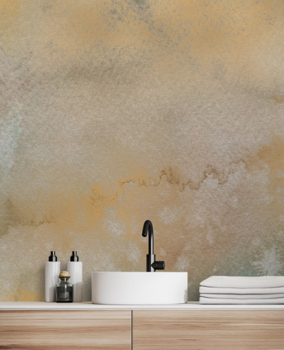 mural abstracto personalizable dorado y gris llamado Golden Horizon Mist de Bilge Paksoylu