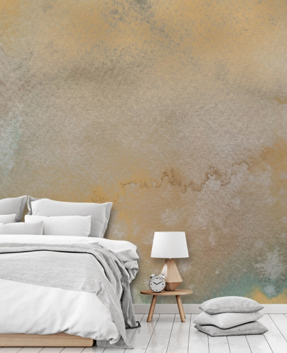 gouden en grijze aanpasbare abstracte muurschildering genaamd Golden Horizon Mist van Bilge Paksoylu gouden en grijze aanpasbare abstracte muurschildering genaamd Golden Horizon Mist van Bilge Paksoylu