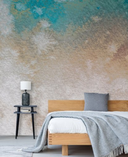 mural abstracto personalizado azul y dorado llamado Misty Horizons de Bilge Paksoylu
