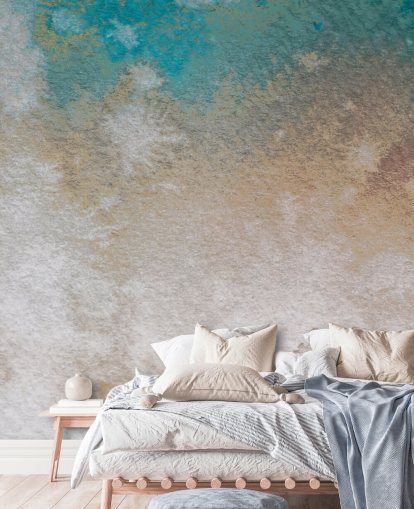 mural abstracto personalizado azul y dorado llamado Misty Horizons de Bilge Paksoylu mural abstracto personalizado azul y dorado llamado Misty Horizons de Bilge Paksoylu