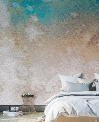 mural abstracto personalizado azul y dorado llamado Misty Horizons de Bilge Paksoylu