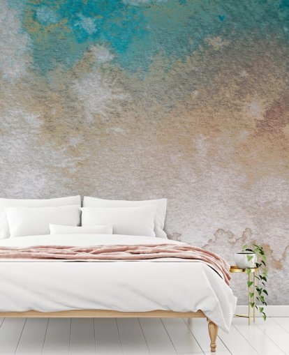 blauwe en gouden abstracte muurschildering op maat genaamd Misty Horizons van Bilge Paksoylu blauwe en gouden abstracte muurschildering op maat genaamd Misty Horizons van Bilge Paksoylu