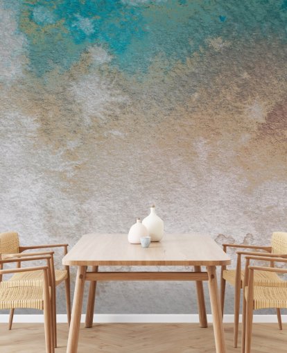 blauwe en gouden abstracte muurschildering op maat genaamd Misty Horizons van Bilge Paksoylu