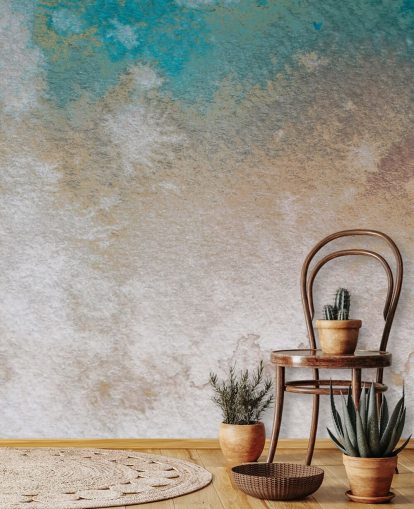 peinture murale abstraite personnalisée bleue et dorée appelée Misty Horizons par Bilge Paksoylu