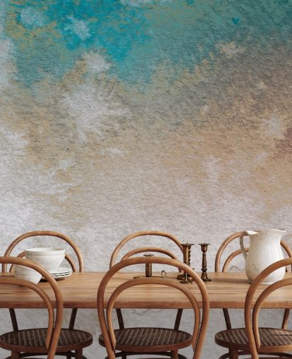 peinture murale abstraite personnalisée bleue et dorée appelée Misty Horizons par Bilge Paksoylu