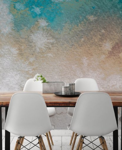 mural abstracto personalizado azul y dorado llamado Misty Horizons de Bilge Paksoylu