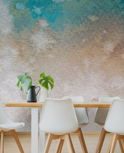 murale astratto personalizzato blu e oro chiamato Misty Horizons di Bilge Paksoylu