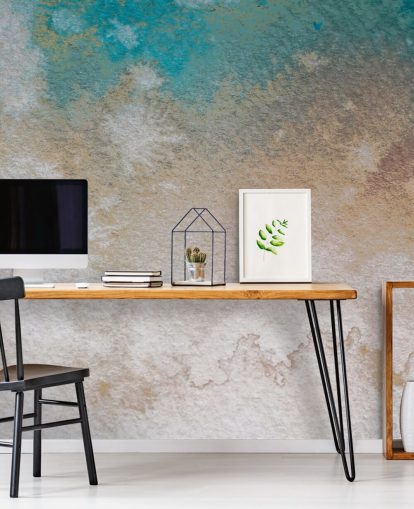 murale astratto personalizzato blu e oro chiamato Misty Horizons di Bilge Paksoylu murale astratto personalizzato blu e oro chiamato Misty Horizons di Bilge Paksoylu