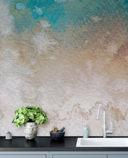 mural abstracto personalizado azul y dorado llamado Misty Horizons de Bilge Paksoylu