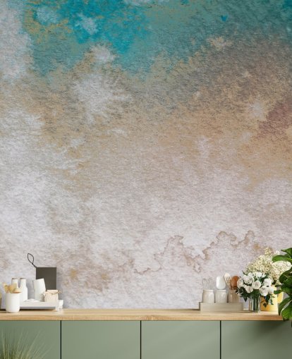 blue and gold custom abstract mural called Misty Horizons by Bilge Paksoylu