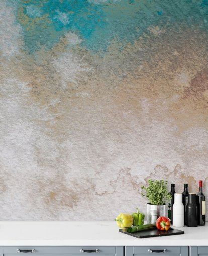 blåt og guld brugerdefineret abstrakt vægmaleri kaldet Misty Horizons af Bilge Paksoylu blåt og guld brugerdefineret abstrakt vægmaleri kaldet Misty Horizons af Bilge Paksoylu