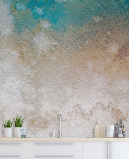 mural abstracto personalizado azul y dorado llamado Misty Horizons de Bilge Paksoylu mural abstracto personalizado azul y dorado llamado Misty Horizons de Bilge Paksoylu