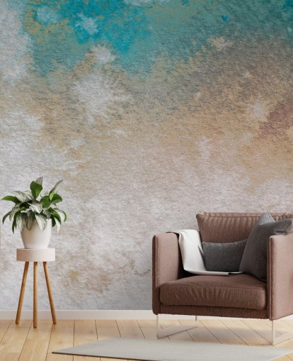 mural abstracto personalizado azul y dorado llamado Misty Horizons de Bilge Paksoylu