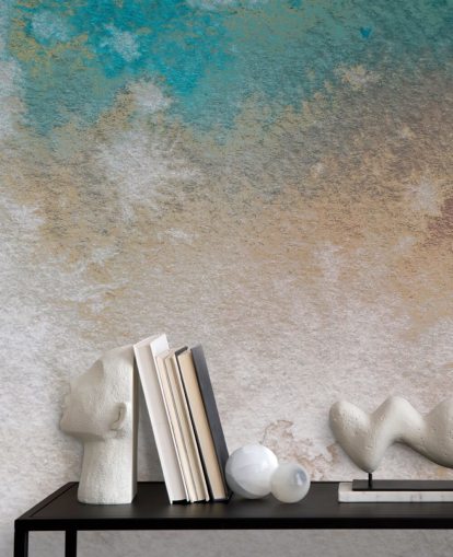 mural abstracto personalizado azul y dorado llamado Misty Horizons de Bilge Paksoylu