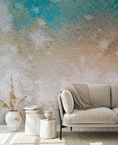 blue and gold custom abstract mural called Misty Horizons by Bilge Paksoylu