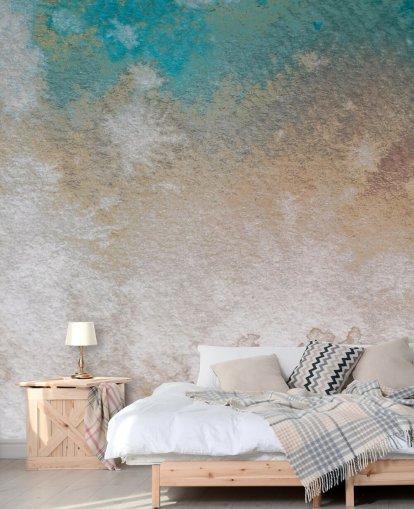 murale astratto personalizzato blu e oro chiamato Misty Horizons di Bilge Paksoylu