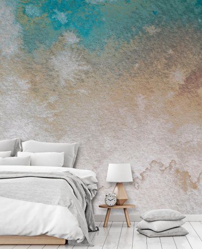 blue and gold custom abstract mural called Misty Horizons by Bilge Paksoylu