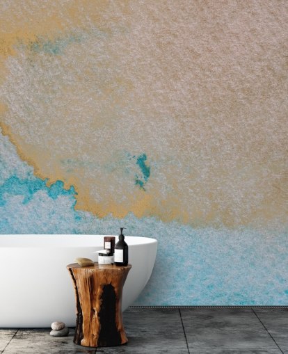 murale oceanico astratto personalizzato blu e oro chiamato Oceanic Breeze di Bilge Paksoylu per bagni
