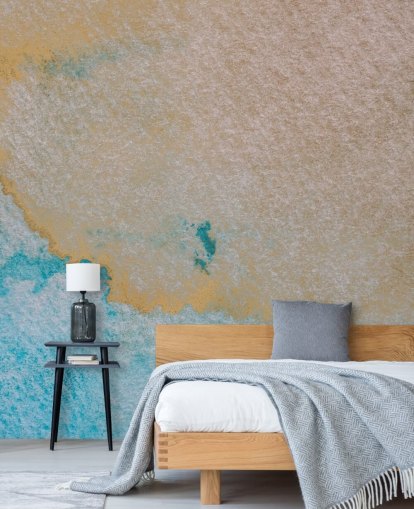 peinture murale abstraite personnalisée bleue et dorée appelée Oceanic Breeze par Bilge Paksoylu pour salles de bains peinture murale abstraite personnalisée bleue et dorée appelée Oceanic Breeze par Bilge Paksoylu pour salles de bains