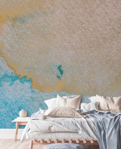 blue and gold custom abstract ocean mural called Oceanic Breeze by Bilge Paksoylu for bathrooms