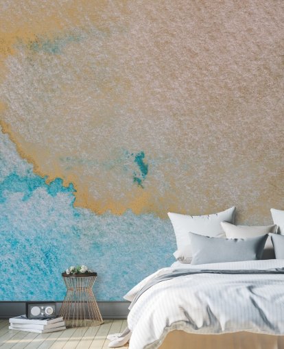 blå och guld anpassad abstrakt havväggmålning kallad Oceanic Breeze av Bilge Paksoylu för badrum